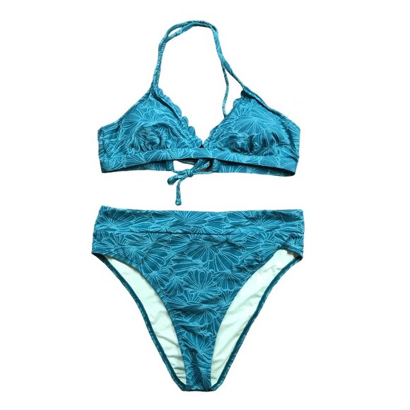 Cupshe Floral Scalloped Top Bikini Set High Waist Bottoms Womens L NEW - Picture 1 of 12